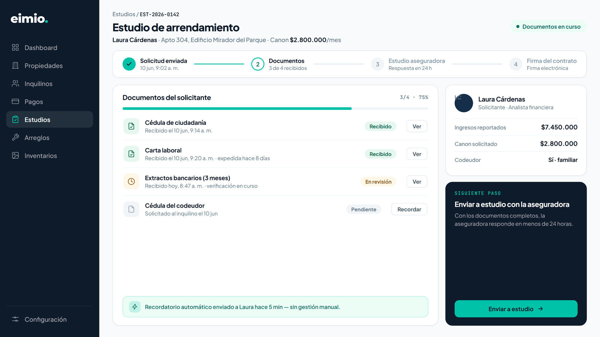 Estudio de arrendamiento en Eimio con documentos del solicitante recibidos y recordatorio automático al inquilino