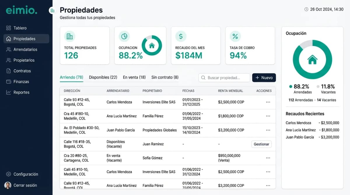 Portal de equipo con vista consolidada de la inmobiliaria
