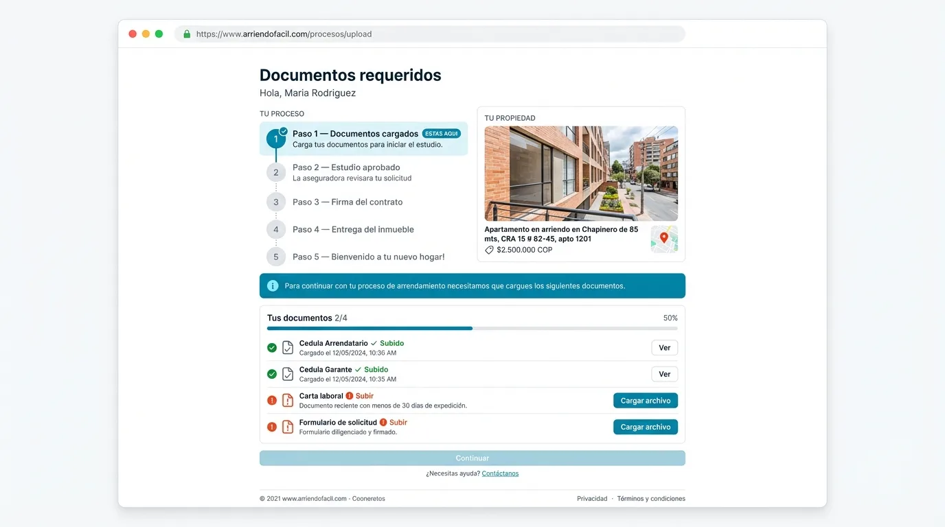 Portal de documentos del inquilino con proceso guiado de arrendamiento